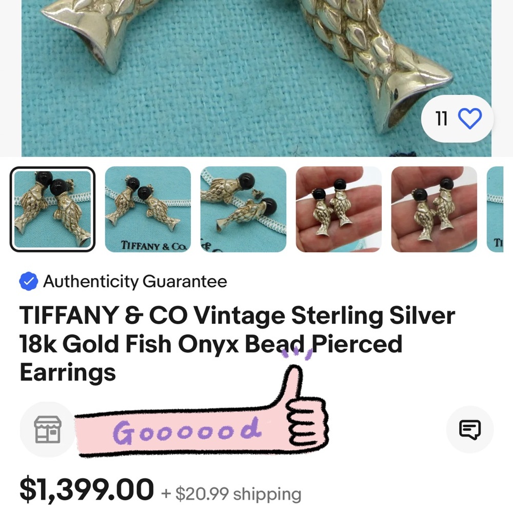 🧧SOLD🎋RARE Vintage Tiffany & Co. 2-Tone 18k Gold Silver Onyx Koi Fish Earrings - Picture 6 of 6